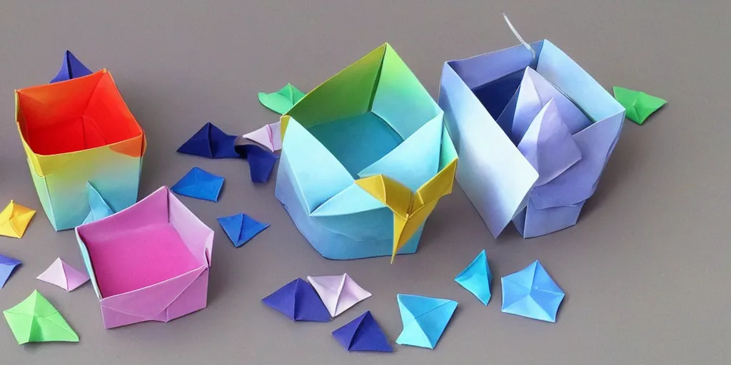 Prompt: origami boxes bigger on the inside. background outer space. photorealistic