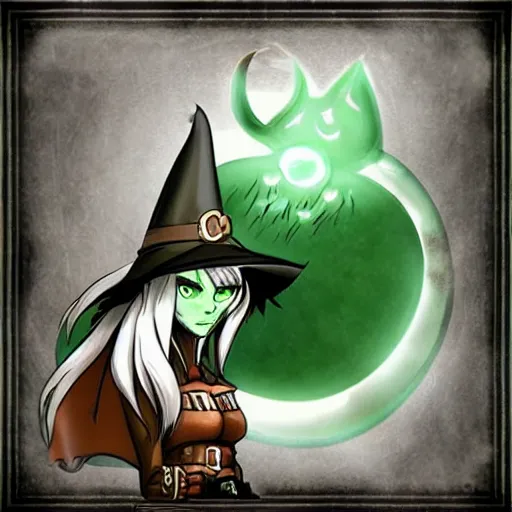 Prompt: witch cat wearing hat, big green eyes, Castlevania style.