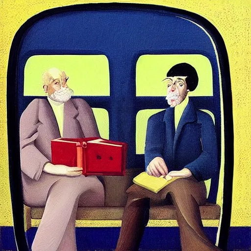 Prompt: “an idyllic painting of two men sitting on a bus, both reading heavy old books, one is blond, the other dark haired. Wearing monocles!!. In the style of neo rauch. Symmetric”