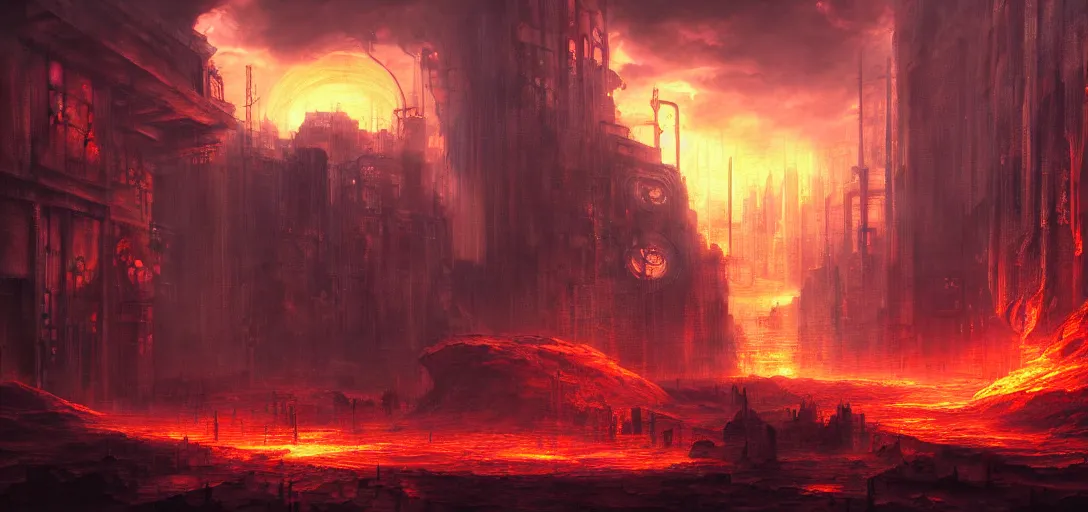 Prompt: baroque oil painting of environment of a hell portal in a cyberpunk world, brutalist, dark fantasy, sunset, rule of thirds, digital cel shading, fake hidden detail, trending on pixiv fanbox
