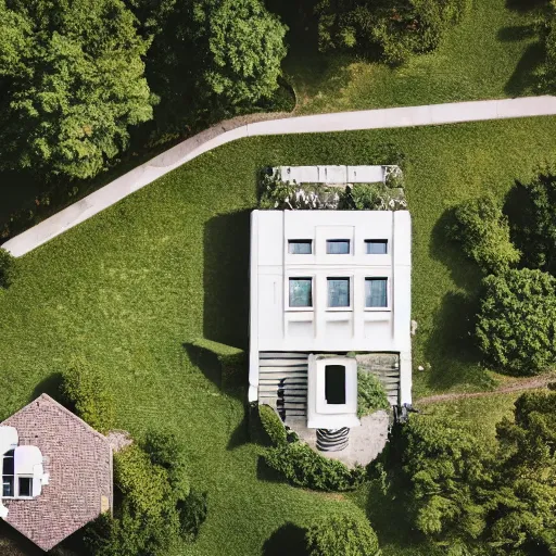 Prompt: an art deco house sitting on a hill, photographed from above