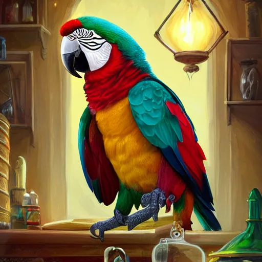 Prompt: Anthropomorphized parrot trader in his shop, wares, portrait, items, magic potions, carpet, window, fancy hat, sly expression , cunning expression, cute expression, presenting wares, D&D, fantasy, cinematic lighting, highly detailed, digital painting, artstation, concept art, smooth, sharp focus, illustration, warm light, cozy warm tint, magic the gathering artwork, volumetric lighting, 8k, art by Akihiko Yoshida, Greg Rutkowski