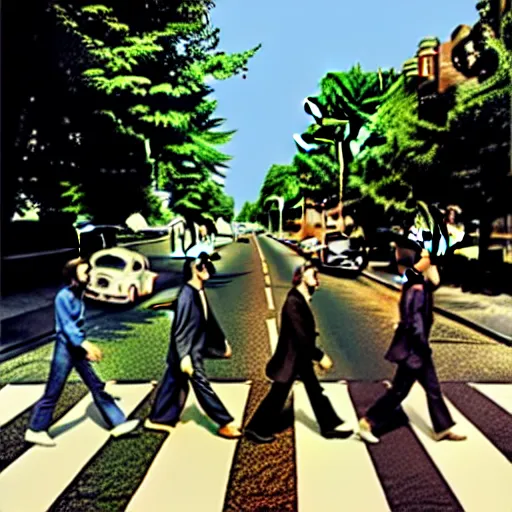 Image similar to an 2010s recreation of the cover of the famous Abbey Road album by the Beatles, hyper detailed