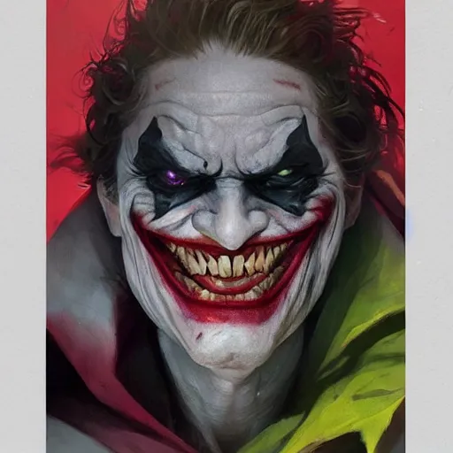 Image similar to joker, crazy face, hand covering face, paint by greg rutkowski