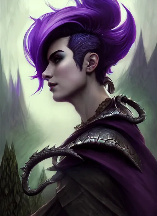 Image similar to side portrait Super Mario as dark witch, adventurer outfit large cloak, fantasy forest landscape, dragon scales, fantasy magic, undercut hairstyle, short purple black fade hair, dark light night, intricate, elegant, sharp focus, illustration, highly detailed, digital painting, concept art, matte, art by WLOP and Artgerm and Greg Rutkowski and Alphonse Mucha, masterpiece