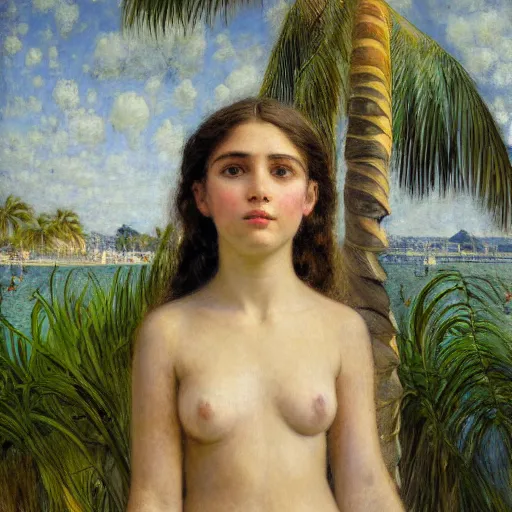 Image similar to a ultradetailed beautiful painting of a girl in the amazonas palace balustrade designed by jules bastien - lepage, tarsila do amaral, frank weston and gustave baumann, beach, trending on artstation, mediterranean, palm trees, hyper detailed face, sharp focus, soft light, 8 k 4 k