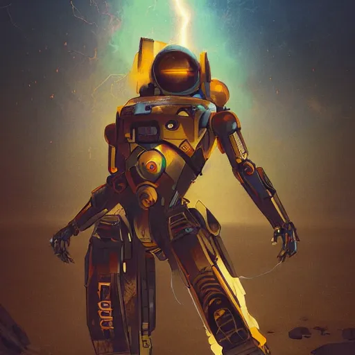 Image similar to movie poster of a scifi mech robot is on a beach, at dusk, art by greg rutkowski and alphonse mucha. golden ratio, rule of thirds, colorful, highly detailed, trending on artstation, 4 k, epic, cinematic lightning