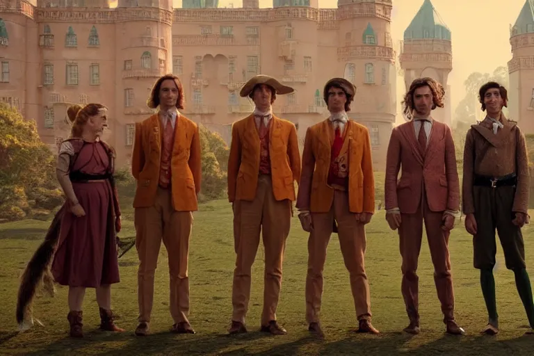 Image similar to A group of 5 adventurers lined up for a group portrait, Screenshot of Wes Anderson's New High Fantasy Movie, directed by Wes Anderson, Chest high, Photo realistic, Regal, Formal, Cinematic, Symmetrical, Satisfying dynamic lighting, Highly Detailed, Cinematic Lighting, 8k, HD