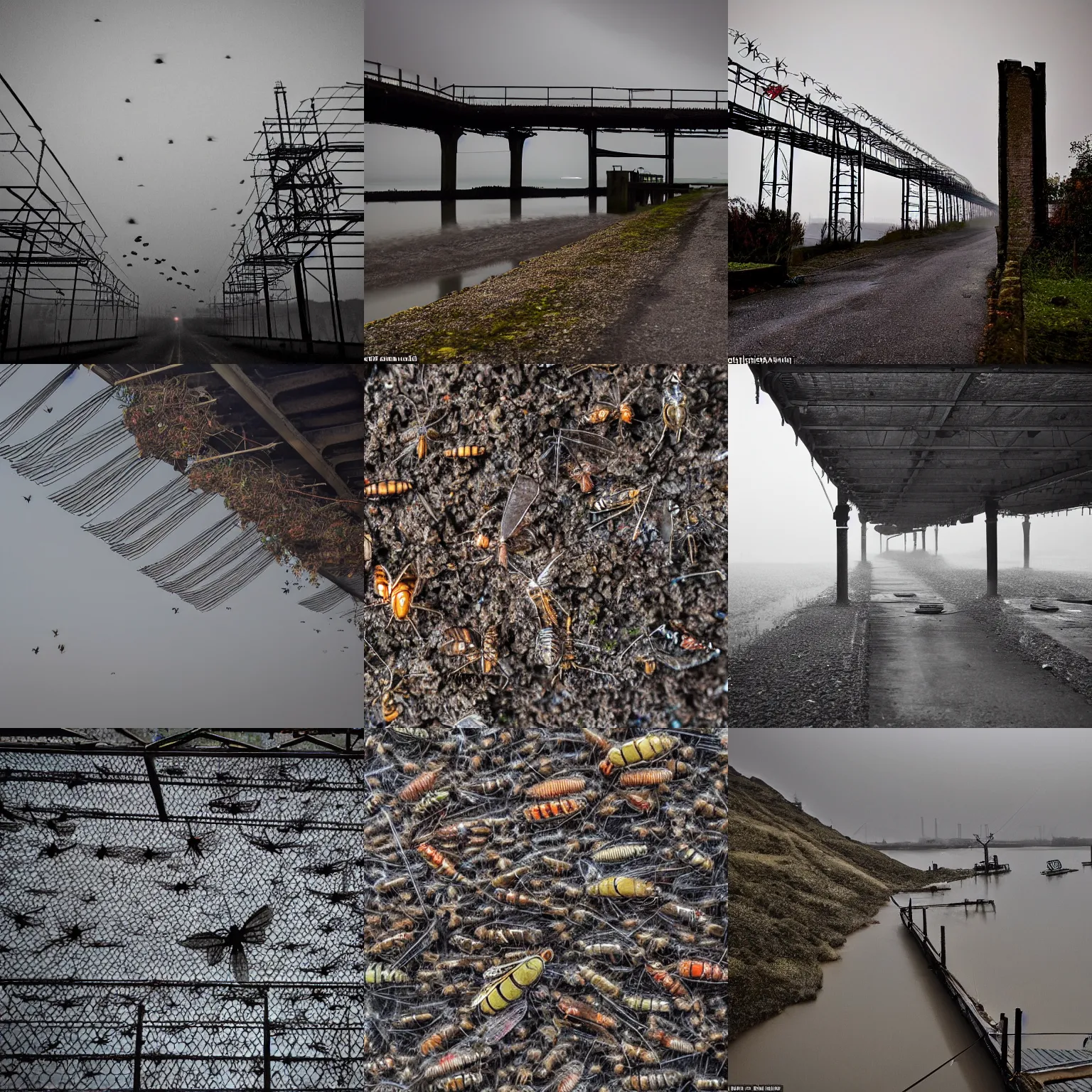 Prompt: muted colours, dark sky, omnious atmosphere : i was sent by a courier service to pick up various insects that were tied into street food somehow. i was looking for the insects along a vast, rickety pier with huge steel girders running across it and a very steep decline below into a midden of sawdust, closed off