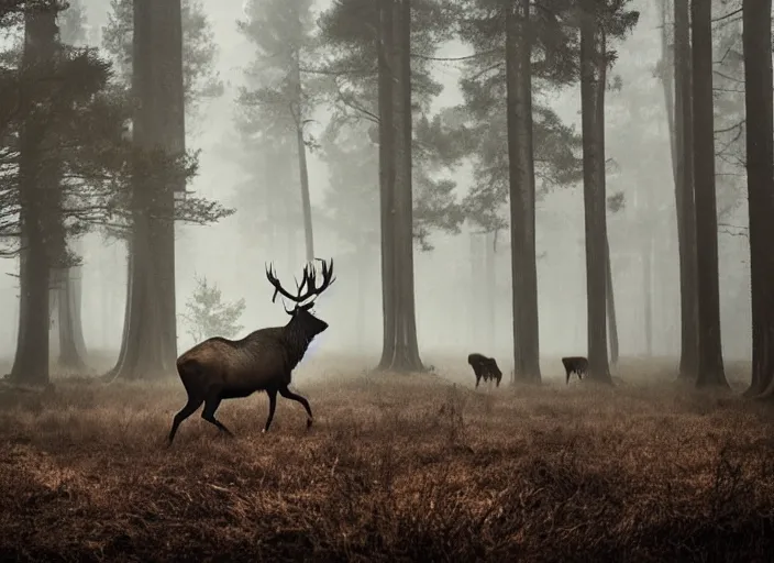 Prompt: an elk with massive antlers running for it's life in a foggy rainy forest with wolves chasing, epic scene, extremely detailed masterpiece, extremely moody lighting, glowing light and shadow, atmospheric, shadowy, cinematic