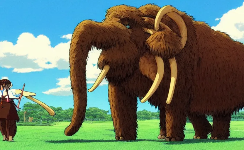 Image similar to a realistic cell - shaded studio ghibli concept art from paprika ( 2 0 0 6 ) of a giant wooly mammoth. very dull colors, wide shot, hd, 4 k, hq