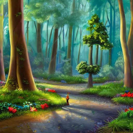 Prompt: a disney background art painting, a wide shot of an enchanted forest with dappled lighting on the ground, muted color palette, tall large trees, foliage and flowers in the underbrush, disney feature animation painting, the art of pixar,