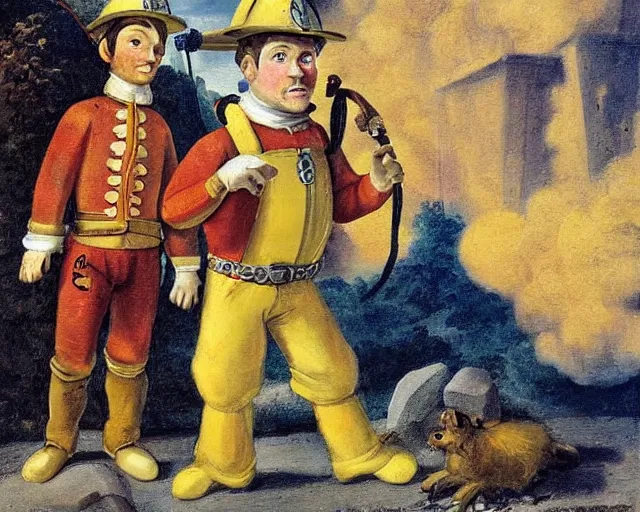 Image similar to a 1 6 0 0 s painting of fireman sam