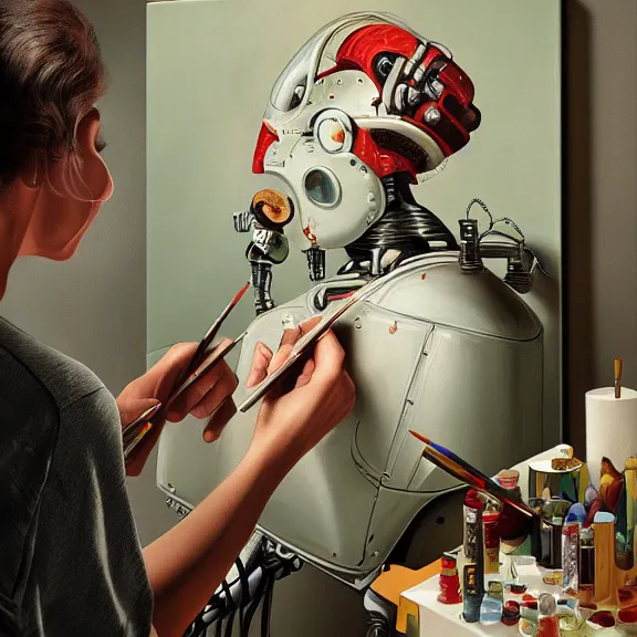 Prompt: robot artist painting a self - portrait on a canvas. intricate, highly detailed, photorealistic, film still, by alexandros pyromallis, gil elvgren, sachin teng.