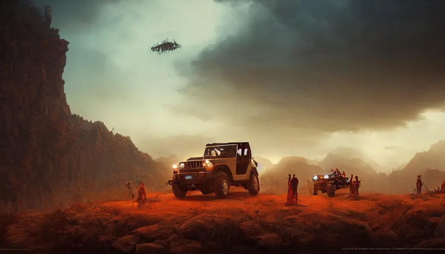 Prompt: Mahindra thar, tribe members watching nearby, an epic fantasy, dramatic lighting, cinematic, establishing shot, extremely high detail, photorealistic, cinematic lighting, artstation, by simon stalenhag, shadow of the tomb rider