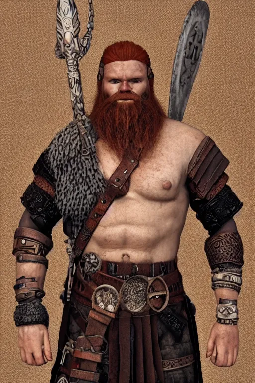 Image similar to cyberpunk viking, handsome and strong, red beard, runic, powerful stature, detailed intricate, 8 k, cinematic