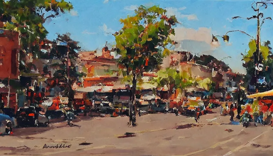 Image similar to painting by antoine blanchard of the main street in taree nsw australia