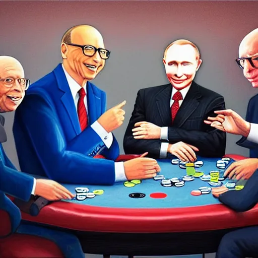 Image similar to UHD photorealistic Bill Gates playing poker with Klaus Schwab and Vladimir Putin, hyperrealistic, correct details, cosmic dynamic lighting, symmetrical faces, accurate faces, in the style of art nouveau