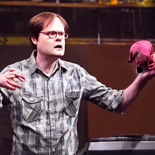 Image similar to Dwight schrute on stage at a hip hop concert throwing beets at the crowd