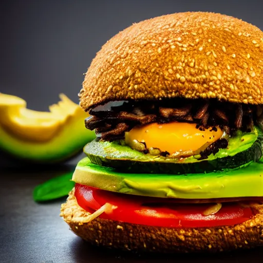 Image similar to juicy vegan hamburger topped with avocado onion and a vegan fried egg, crispy buns, 8 k resolution, professional food photography, studio lighting, sharp focus, hyper - detailed