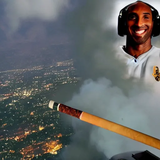 Prompt: selfie of kobe bryant holding a giant rolled marijuana cigarette in a helicopter full of smoke, 8k resolution, hyper detailed, shot in the air