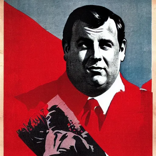 Prompt: chris christie. soviet propaganda poster. soviet realism. monochromatic red. cheap printing, fading ink, torn edges
