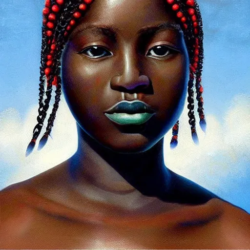 Prompt: “sango God of thunder plaited hair beads cowry Nigerian lightning facial details proportionate dark skinned symmetrical digital art oil painting Edward hooper”