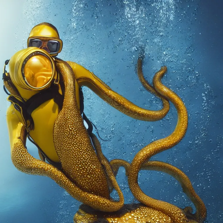 Prompt: octane render portrait by wayne barlow and carlo crivelli and glenn fabry, subject is a diver in a wet suit with goggles completely covered in giant long shiny reflective golden octopus tentacles, cinema 4 d, ray traced lighting, very short depth of field, bokeh