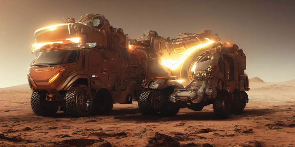 Prompt: tesla cybertruck rolling on mars 3 d concept art, anime, dust around, big planet venus backdrop, cinematic lighting, intricate details, octane rendering, trending on artstation, featured on behance