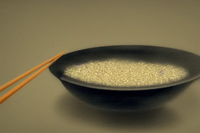 Prompt: empty bowl with a few rice grains and broken chinese chopsticks, dark atmosphere, digital art, trending on artstation