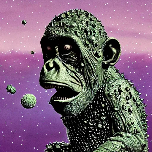 Image similar to measles on a deformed hideous pustule covered monkey, sores, bumps, skin wounds, surface hives, growths, horror, fantasy, highly detailed, by Dan Hillier, ooze, slime, in background nebula of bacteriophages