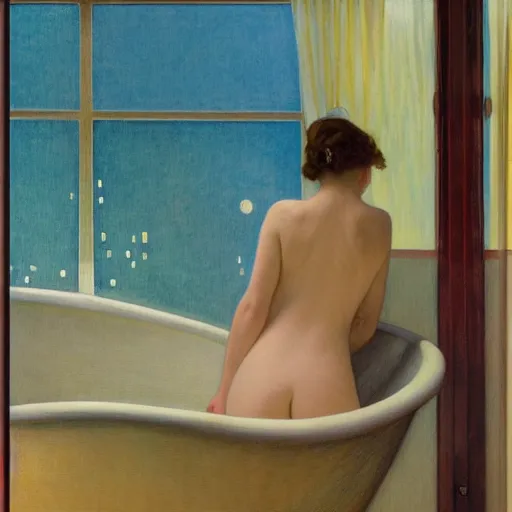 Prompt: realistic oil painting of young woman in a bathtub full of milk, smiling with her eyes closed as she washes herself, city lights from art deco window, hopper, mucha, irene patten, manara,