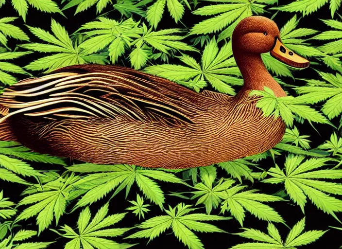 Image similar to !dream duck, marijuana leaves, duck surrounded by weed leaves