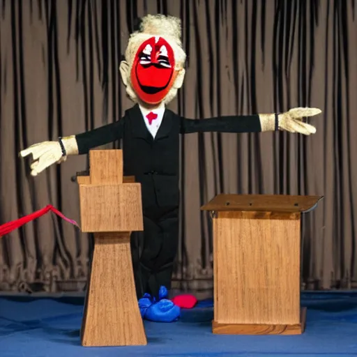 Image similar to puppet show of a puppeteer using a string marionette of a president with clown makeup in a podium