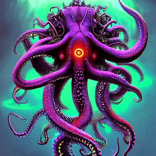 Image similar to Digital art of an eldrich octopus dragon hybrid t with glowing eyes in the style of Beksinski and System Shock, vivid cyber color scheme, trending on artstation