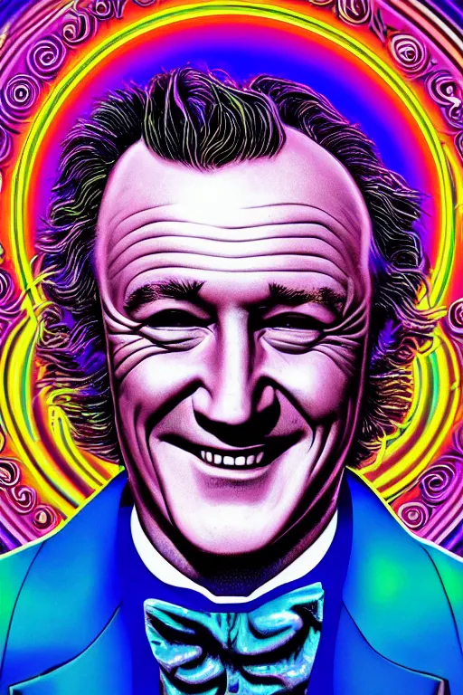 Image similar to a detailed digital neon portrait art of dreaming gene hackman willy wonka smiling with his eyes closed in the style of Alex Grey, lisa frank, psychedelic, fantasy, 8k, ornate, intricate