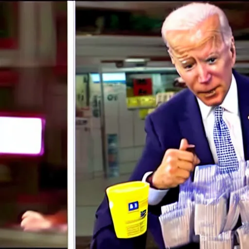 Image similar to joe biden robbing mcdonald ’ s at 3 am, cctv footage, hyper detailed