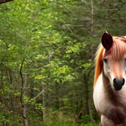 Image similar to photo of a wild horse in the woods that looks like a my little pony, feral vicious cryptid