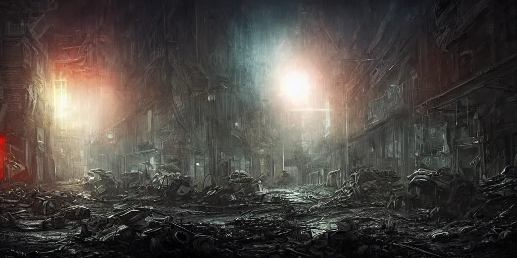 Image similar to cthulhu destroying a post apocalyptic city, dark, trending on artstation, digital art, fog, sun flare, rain