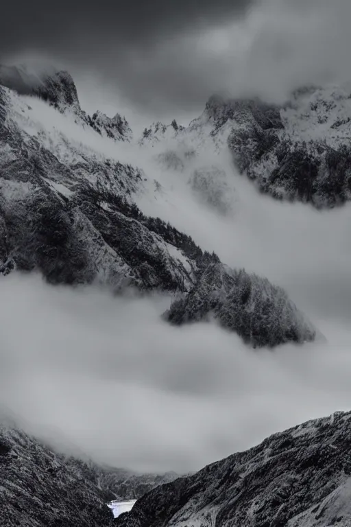 Image similar to realistic nature, pastel monochrome dark color palate, snowy craggy sharp mountains, stormy weather, stream, wolf, 8 k