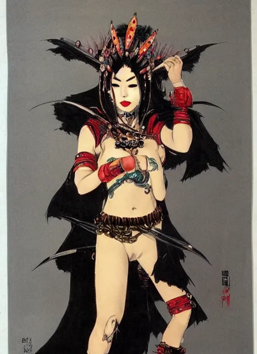 Image similar to female korean vampiress, jeweled headdress, heavy mascara, strong line, saturated color, beautiful! coherent! by frank frazetta, high contrast, minimalism