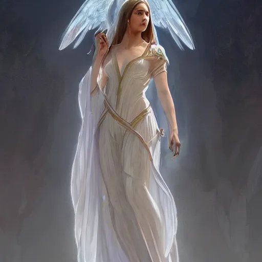 Image similar to a female angel of mercy wearing see through white long dress, olive skinned, sumerian, d & d, highly detailed, digital painting, artstation, concept art, sharp focus, illustration, cinematic lighting, art by artgerm and greg rutkowski and alphonse mucha