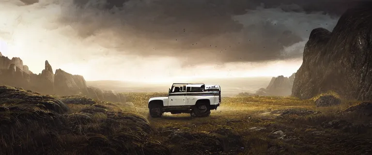 Image similar to Land Rover Defender 110 (1985), an epic fantasy, dramatic lighting, cinematic, establishing shot, extremely high detail, photorealistic, cinematic lighting, artstation, by simon stalenhag, The Elder Scrolls V: Skyrim, Whiterun Hold, Battle for Whiterun, Stormcloaks vs Imperials, Skyrim Civil War