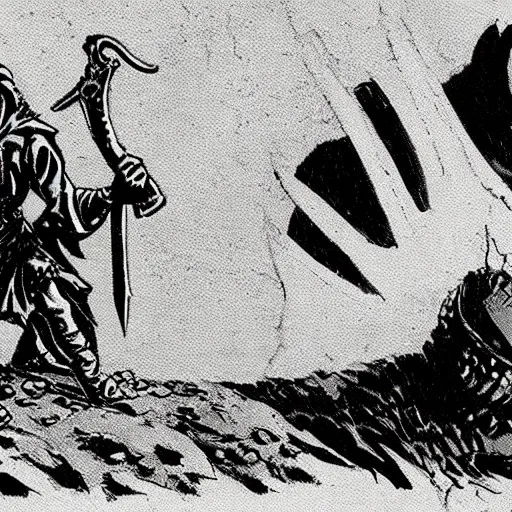 Image similar to A sword stuck in the ground. Close Up Shot, Dark Fantasy, Film Noir, Black and White. High Contrast, Mike Mignola, D&D, OSR