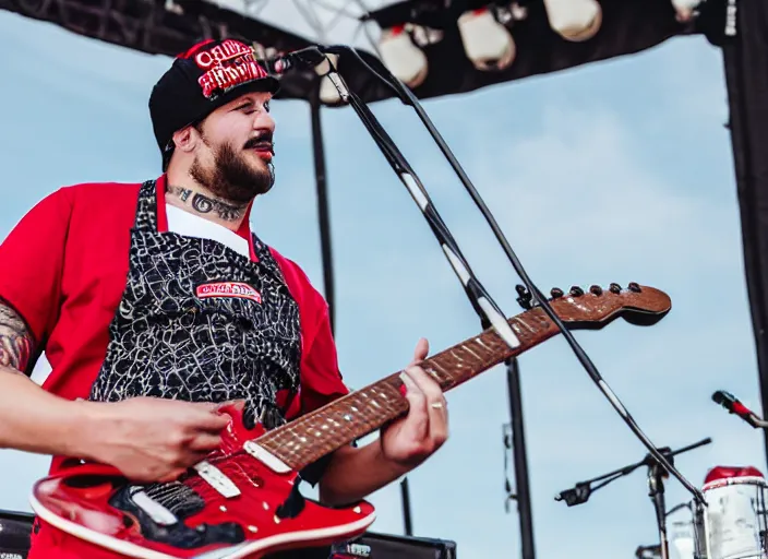 Image similar to photo still of chef boyardee on stage at vans warped tour!!!!!!!! at age 3 3 years old 3 3 years of age!!!!!!!! shredding on guitar, 8 k, 8 5 mm f 1. 8, studio lighting, rim light, right side key light