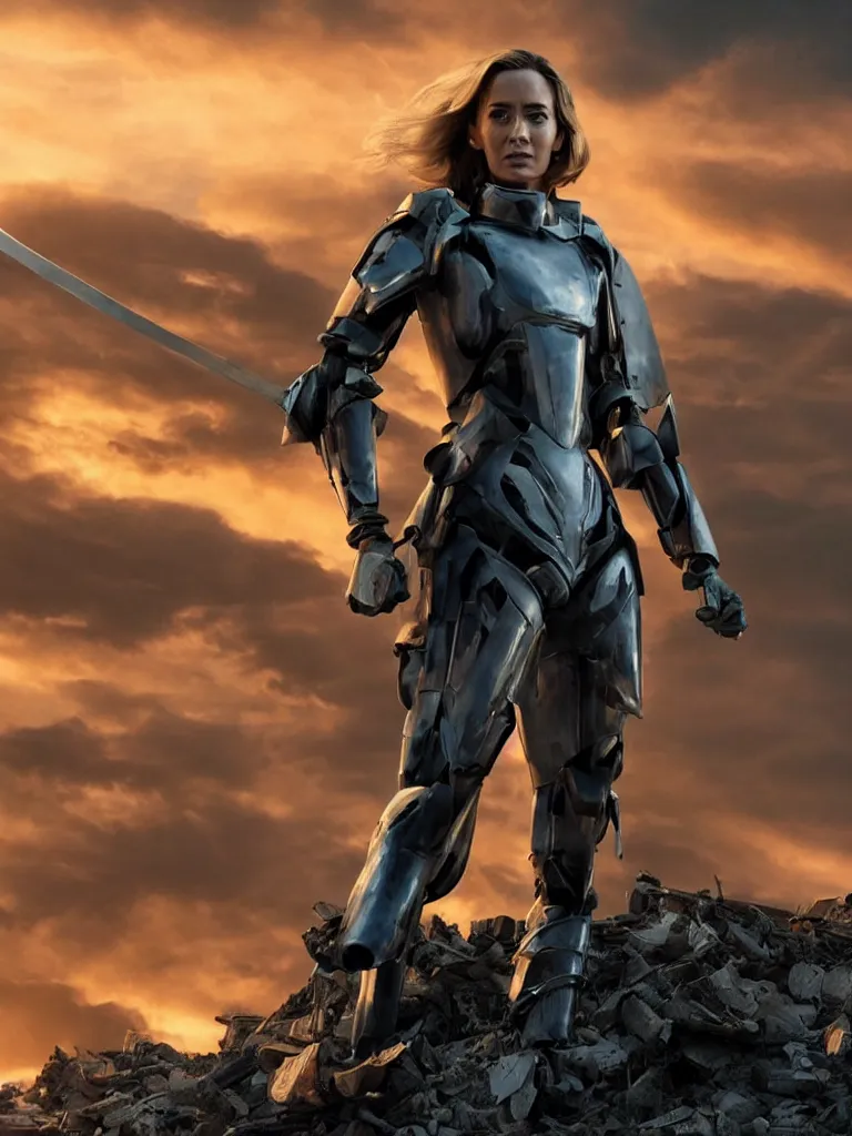 Image similar to emily blunt in futuristic power armor, by herself, holding a sword on her shoulder, standing atop a pile of rubble, sunset and big clouds behind her