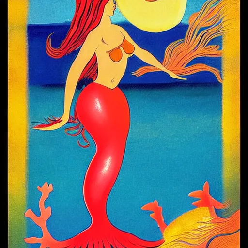 Prompt: A beautiful conceptual art of a mermaid swimming in the ocean. Her long, flowing hair streams behind her as she gracefully navigates the water. A coral reef and colorful fish can be seen in the background. Archean by Leonetto Cappiello