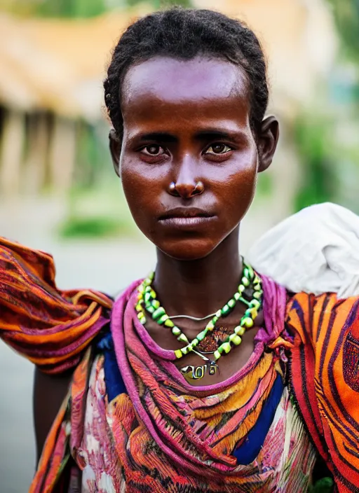Image similar to Mid-shot portrait of a beautiful 20-year-old woman from Ethiopia in her traditional get-up, candid street portrait in the style of Martin Schoeller award winning, Sony a7R