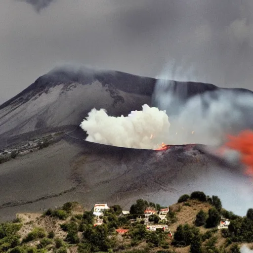 Prompt: vulcano erupts next to the village, tilt-shift photograph