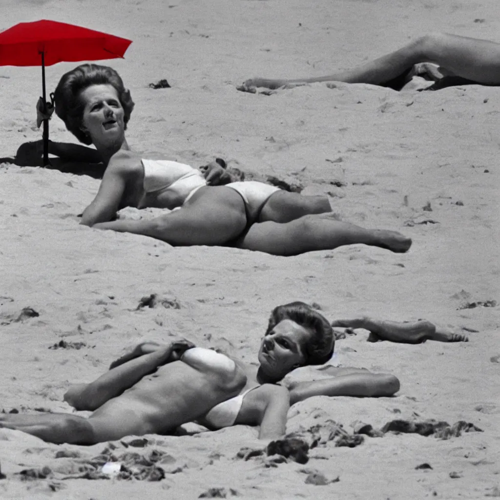 Image similar to margaret thatcher sunbathing, wearing red bikini, on a pristine beach with white sand, under an umbrella made from straws
